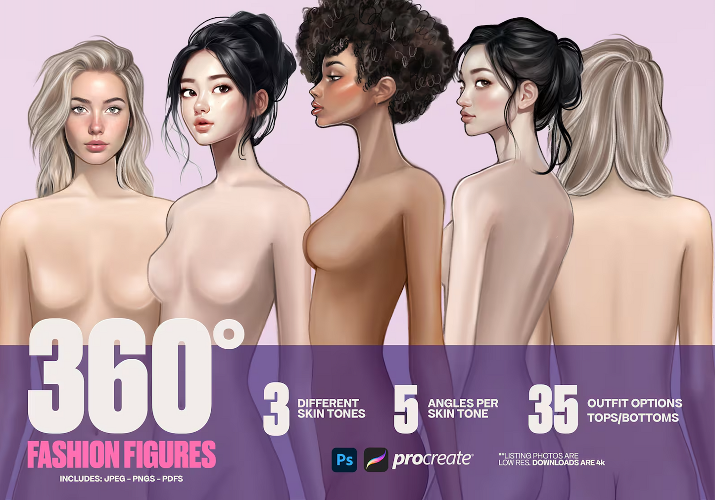[COMBO][Front and Back] Female Fashion Croquis - Caucasian/Asian/Black + Clothing/ Outfit Packs