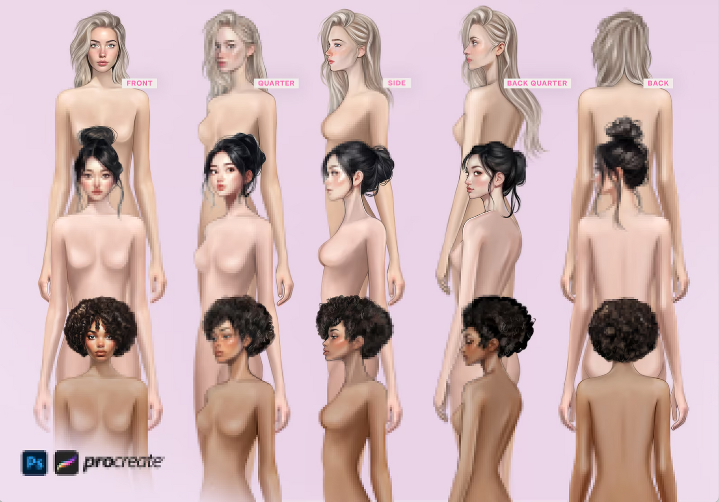 [COMBO][Front and Back] Female Fashion Croquis - Caucasian/Asian/Black + Clothing/ Outfit Packs