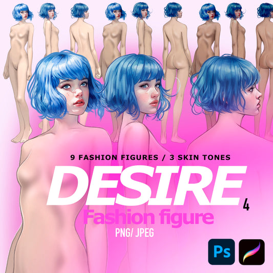 [3 Skintones] Female Fashion Croquis - Caucasian/ Short Blue Hair
