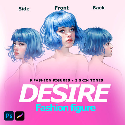 [3 Skintones] Female Fashion Croquis - Caucasian/ Short Blue Hair