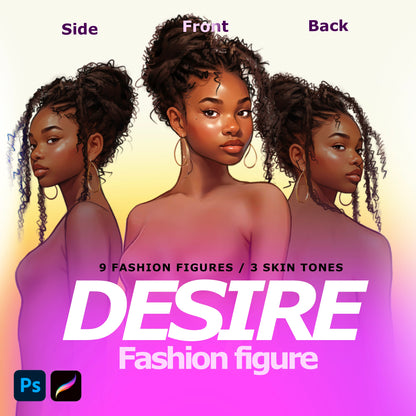 [3 Skintones] Female Fashion Croquis - Black/ Black Hair