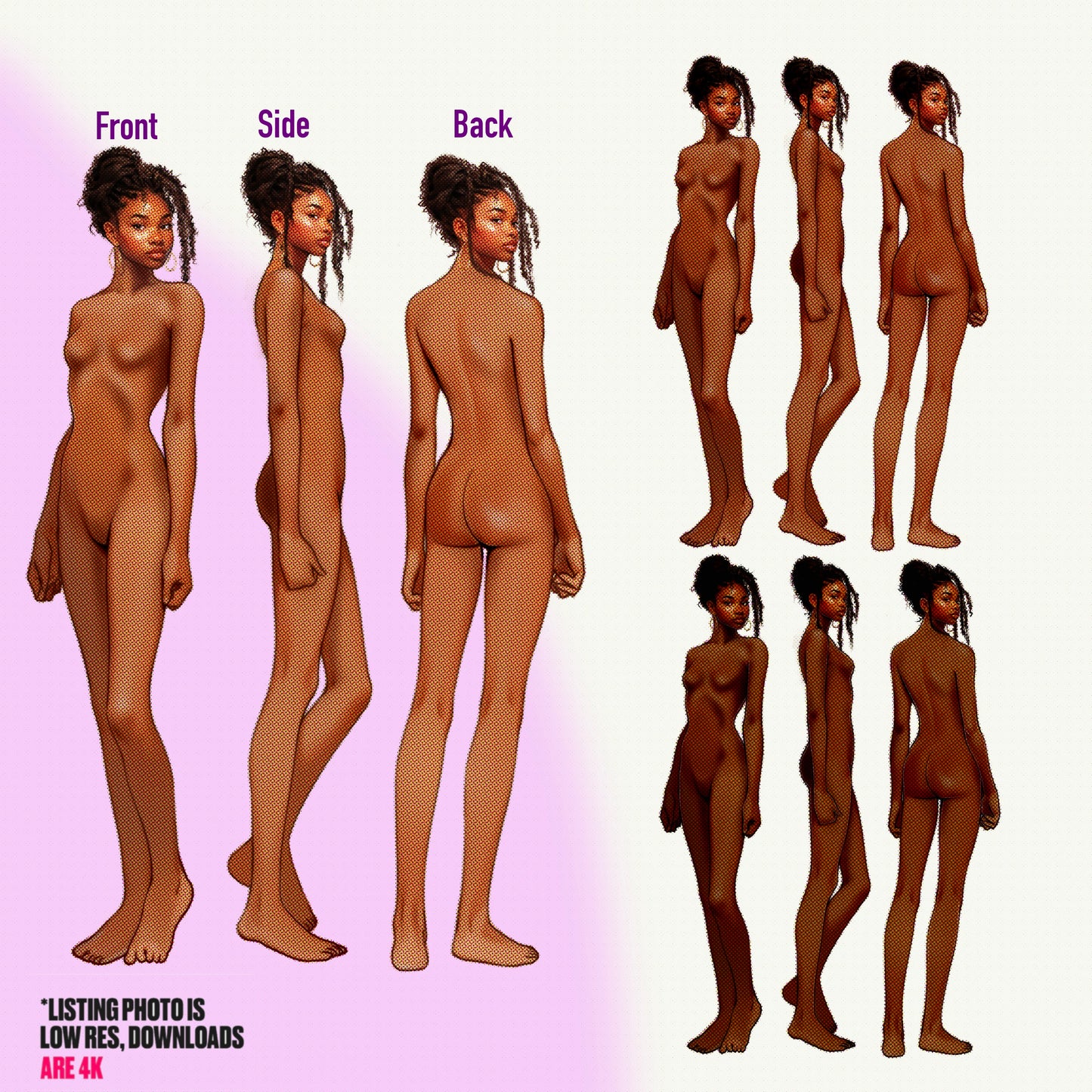 [3 Skintones] Female Fashion Croquis - Black/ Black Hair