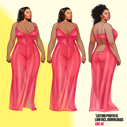 [4 Poses] Plus-size Female Fashion Croquis - Black/ Black Hair + Brushes