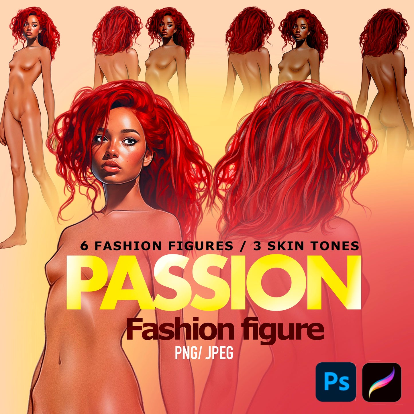 [3 Skintones] Female Fashion Croquis - Black/ Red Hair
