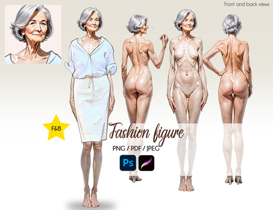[Front and Back] Elderly/ Old Female Fashion Croquis - Caucasian/ White Hair