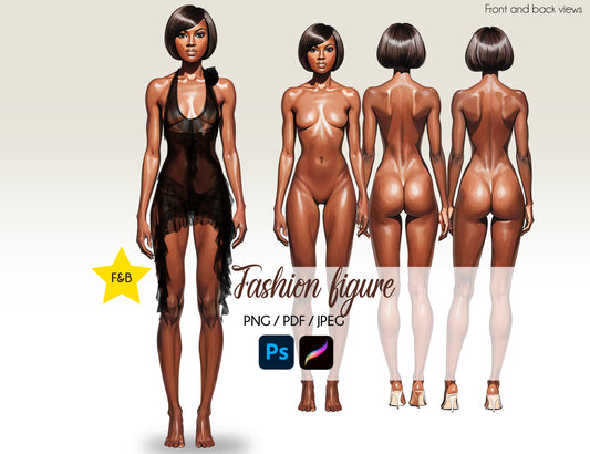 [Front and Back] Female Fashion Croquis - Black/ Short Black Hair