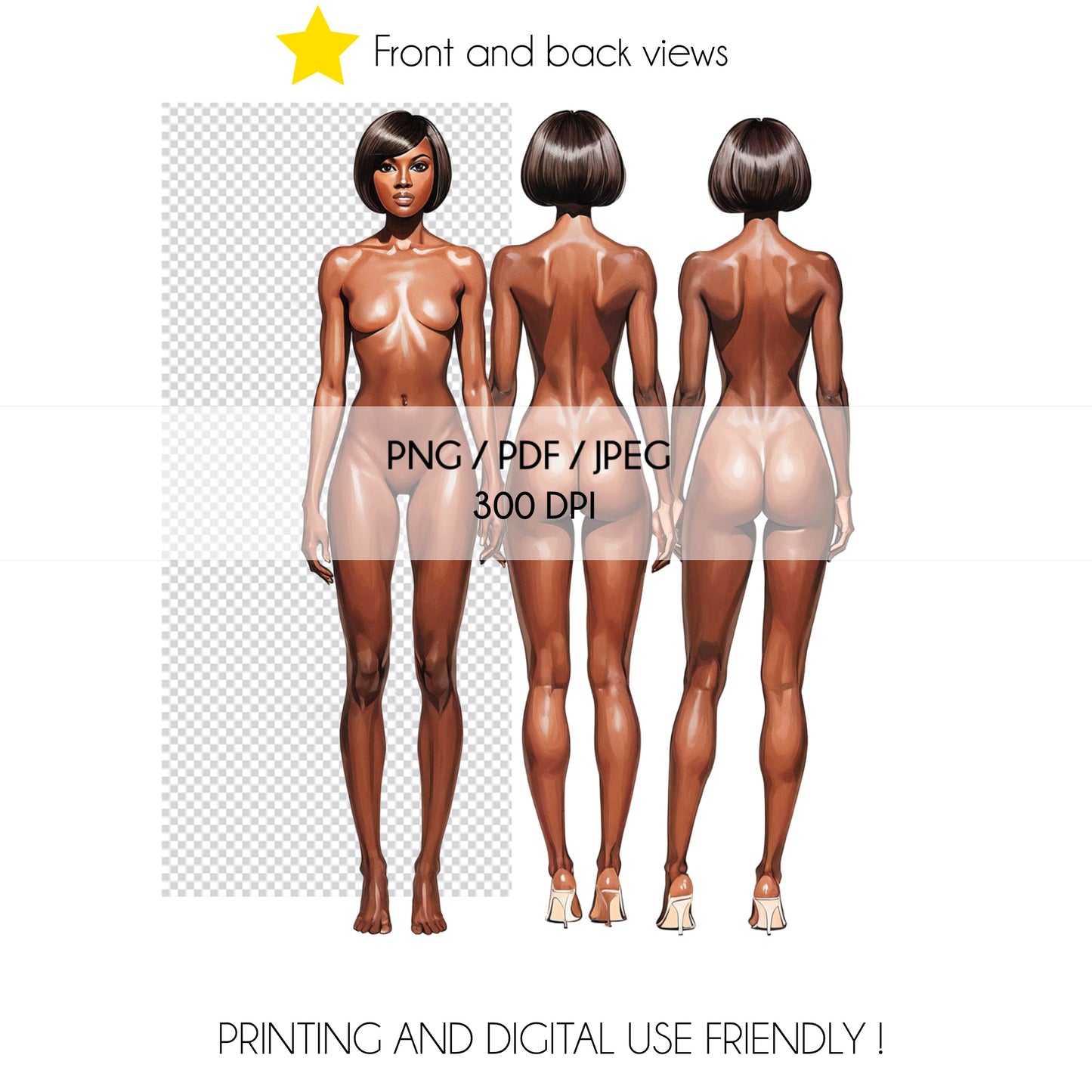[Front and Back] Female Fashion Croquis - Black/ Short Black Hair
