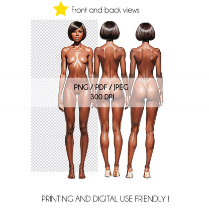 [Front and Back] Female Fashion Croquis - Black/ Short Black Hair