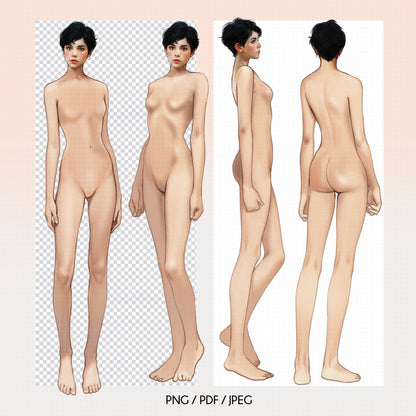 [4 Poses] Female Fashion Croquis - Caucasian/ Short Black Hair