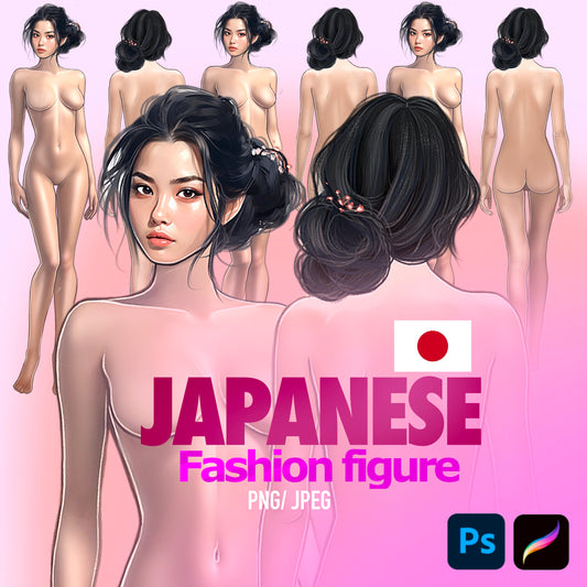 [Front and Back] Female Fashion Croquis - Japanese/Asian/ Black Hair
