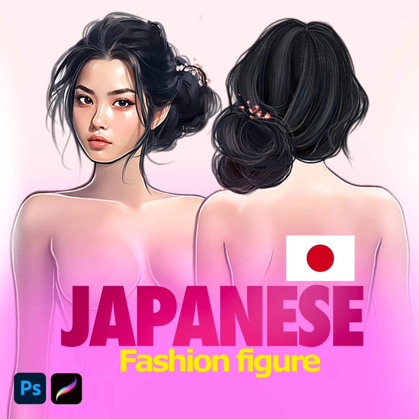 [Front and Back] Female Fashion Croquis - Japanese/Asian/ Black Hair