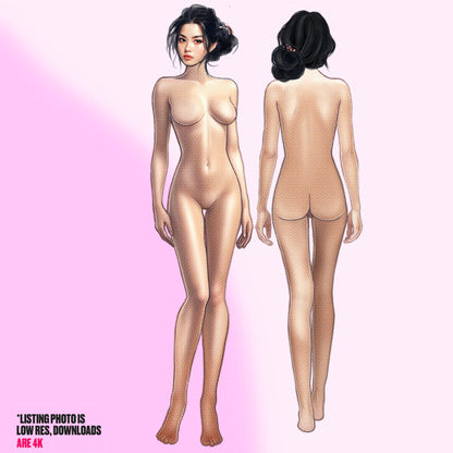 [Front and Back] Female Fashion Croquis - Japanese/Asian/ Black Hair
