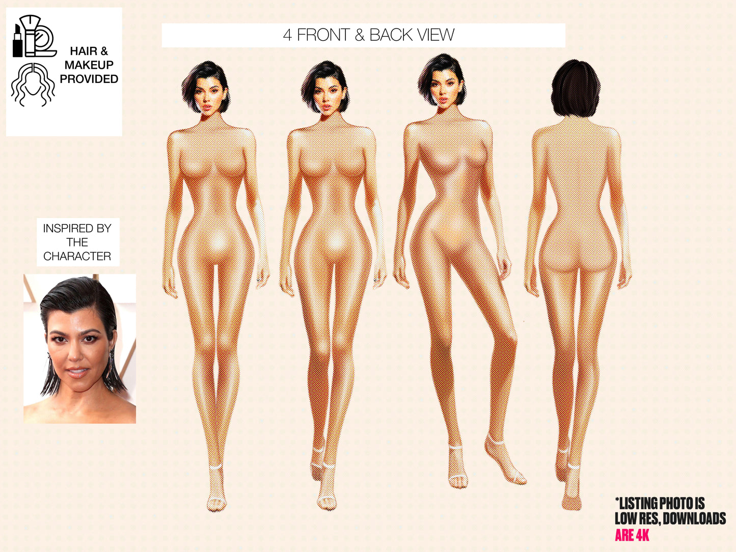 [4 Poses] Female Fashion Croquis- Kourtney Kardashian - Caucasian/ Short Black Hair