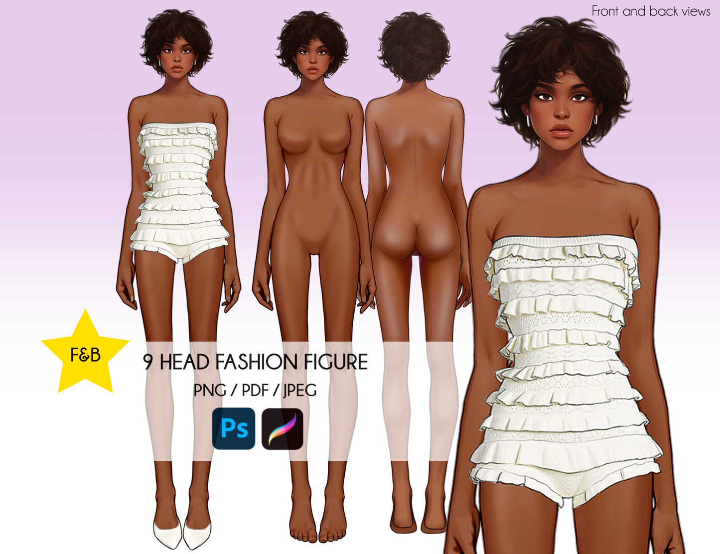 [Front and Back] Female Fashion Croquis - Black/ Brown Hair