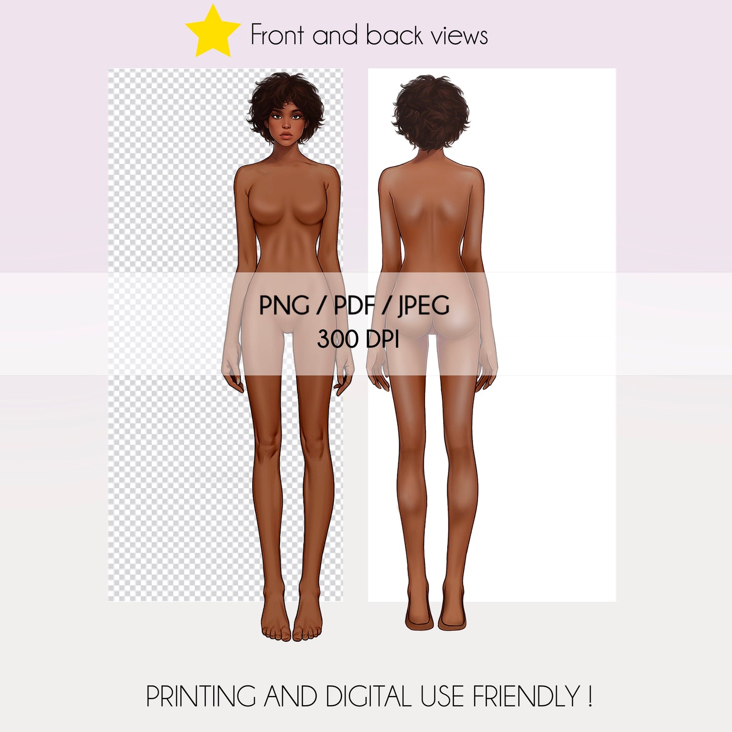 [Front and Back] Female Fashion Croquis - Black/ Brown Hair