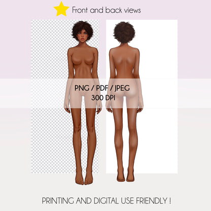 [Front and Back] Female Fashion Croquis - Black/ Brown Hair