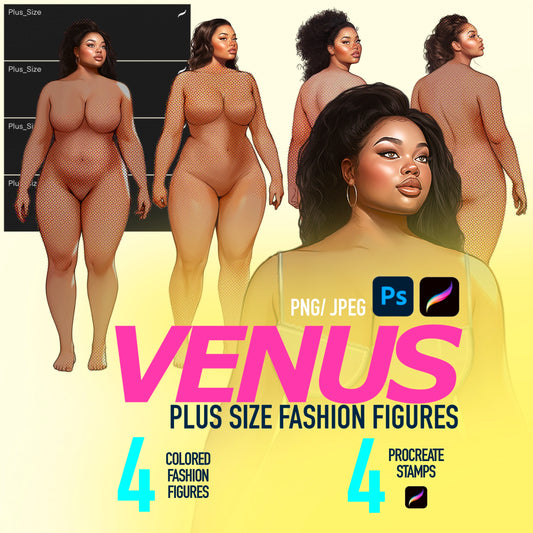[4 Poses] Plus-size Female Fashion Croquis - Black/ Black Hair + Brushes
