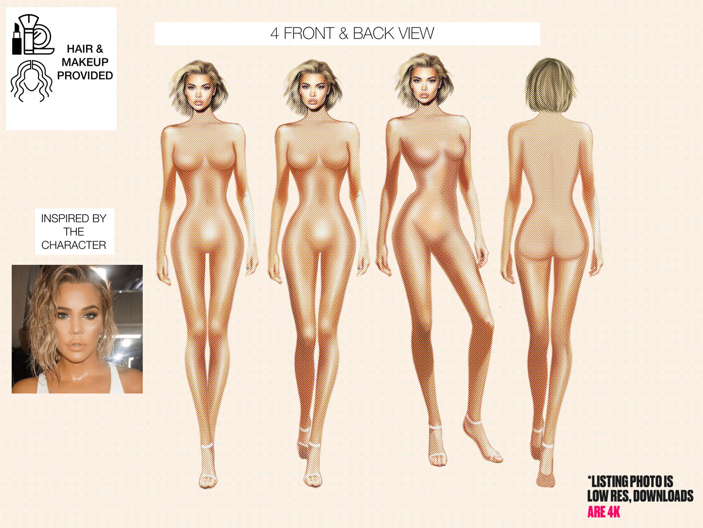 [4 Poses] Female Fashion Croquis- Kloe Kardashian - Caucasian/ Short Blonde Hair