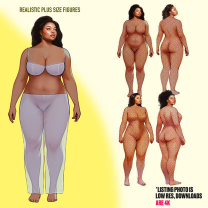 [4 Poses] Plus-size Female Fashion Croquis - Black/ Black Hair + Brushes