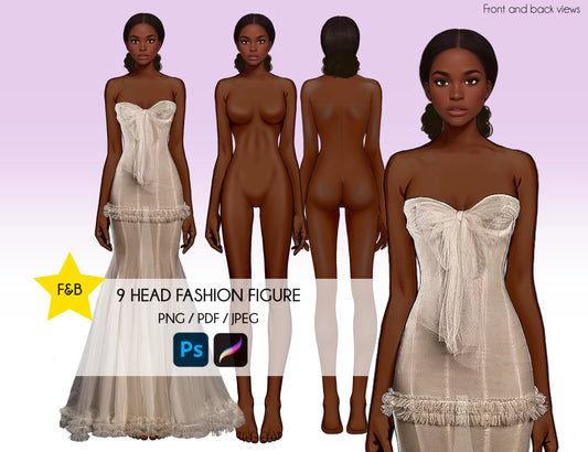[Front and Back] Female Fashion Croquis - Black/ Black Hair