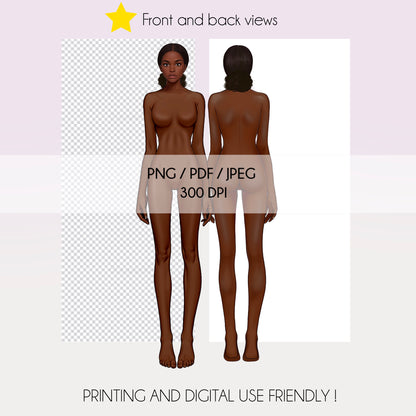 [Front and Back] Female Fashion Croquis - Black/ Black Hair
