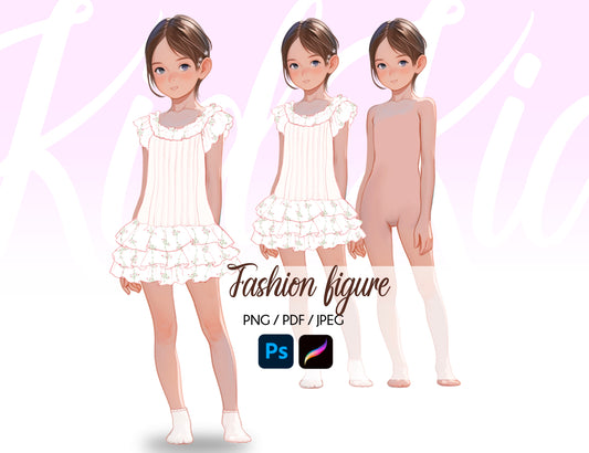 [Single] Girl/Female Kid Fashion Croquis - Caucasian/ Brown Hair