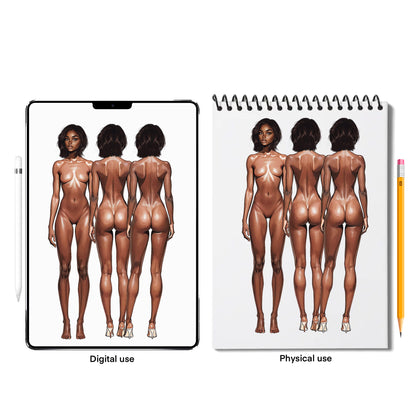 [Front and Back] Female Fashion Croquis - Black/ Short Black Hair