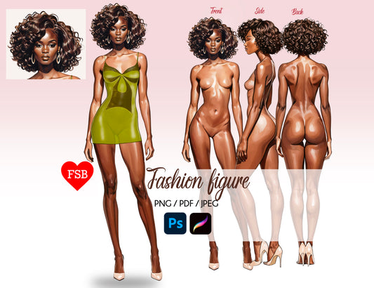 [3 Poses] Female Fashion Croquis - Black/ Afro Brown Hair