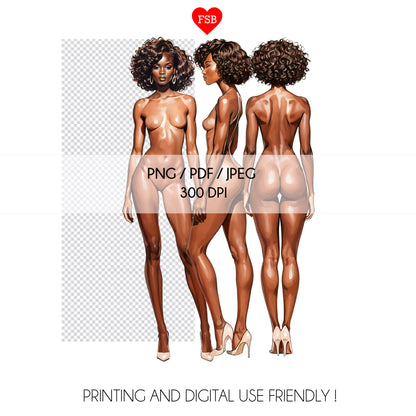 [3 Poses] Female Fashion Croquis - Black/ Afro Brown Hair