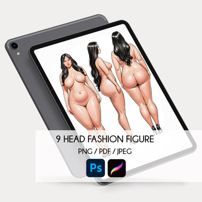 [3 Poses] Plus-size Female Fashion Croquis - Caucasian/ Black Hair