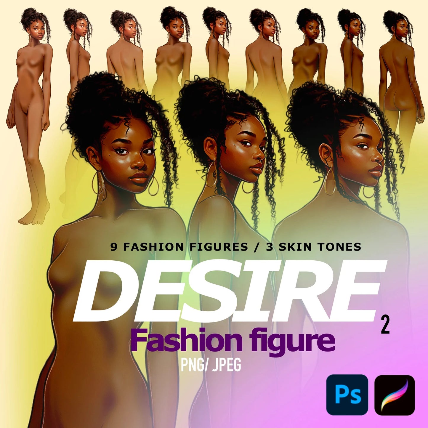 [3 Skintones] Female Fashion Croquis - Black/ Black Hair