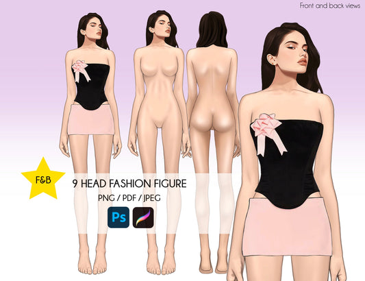 [Front and Back] Female Fashion Croquis - Caucasian/ Black Hair