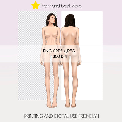 [Front and Back] Female Fashion Croquis - Caucasian/ Black Hair