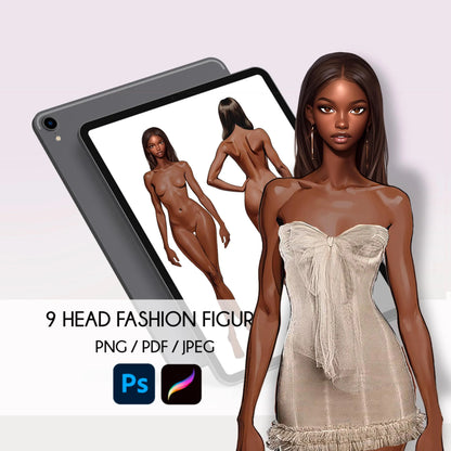 [Front and Back] Female Fashion Croquis - Black/ Long Black Hair