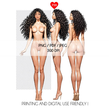 [3 Poses] Female Fashion Croquis - Black / Brown Black Hair