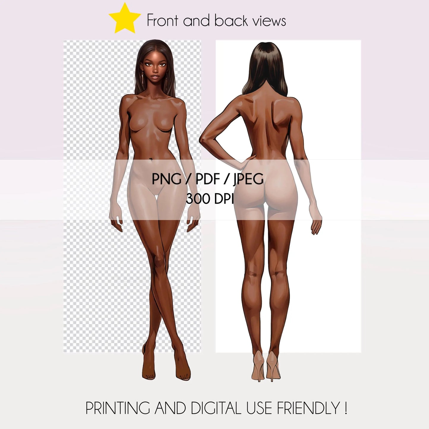 [Front and Back] Female Fashion Croquis - Black/ Long Black Hair