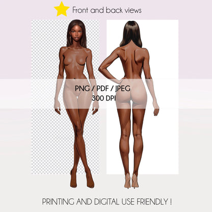 [Front and Back] Female Fashion Croquis - Black/ Long Black Hair