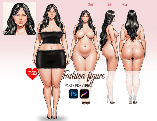 [3 Poses] Plus-size Female Fashion Croquis - Caucasian/ Black Hair