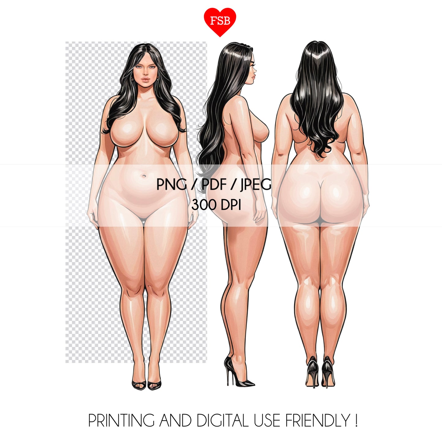 [3 Poses] Plus-size Female Fashion Croquis - Caucasian/ Black Hair